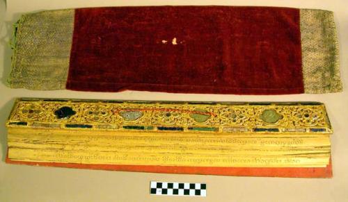Palm leaf book with inlaid and decorated end plates and case +