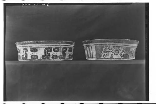 (left) - Polychrome slipped bowl, Tepeu 2 style - (Rt.) - Polychrome slipped bow