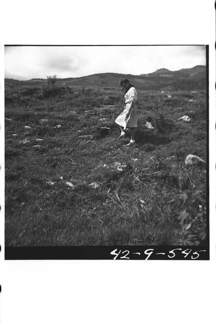 N side of ballcourt showing jaguar head on slope & hole where tenoned in side