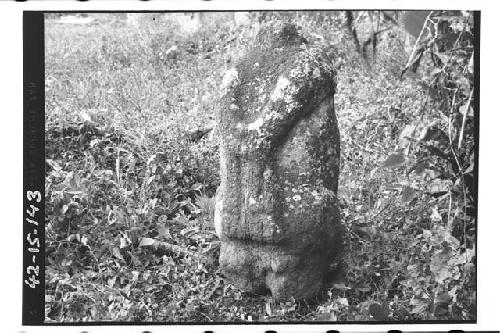 Stone headless figure with hands tied behind back, rear view