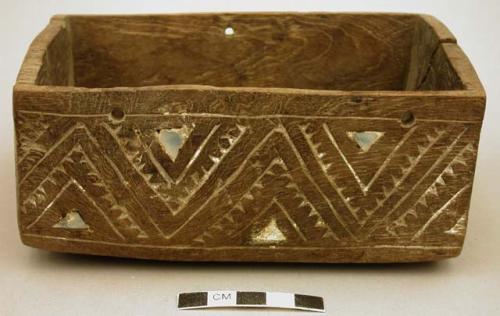 Wooden box with carvings on the side - inlaid with shell