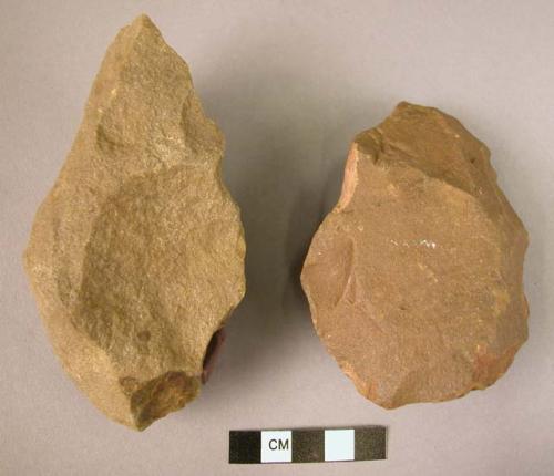 2 crude quartzite hand axes, chipped to edge all around