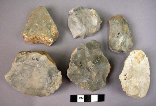 Stone, chipped stone edged tools, scrapers, flakes, grey, w/ cortex