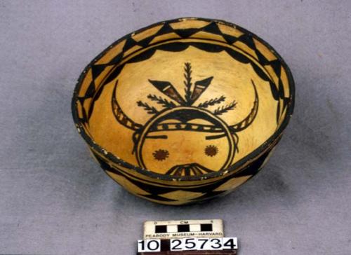 Bowl, polacca polychrome style c. int: kachina design; ext: linear design. 8.8 x