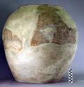 Large pottery drinking jar - traces of glaze on grey white ware; 2 parallel lines of beads around shoulder of jar