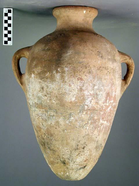 2-handled pottery jar with round pointed bottom