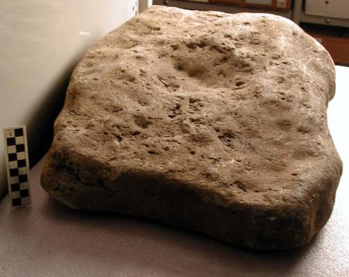 Ground stone, flat, pitted, likely grinding stone