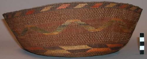 Tlingit (Yakutat) closed twined basket. Unusual round shape, false embroidery.