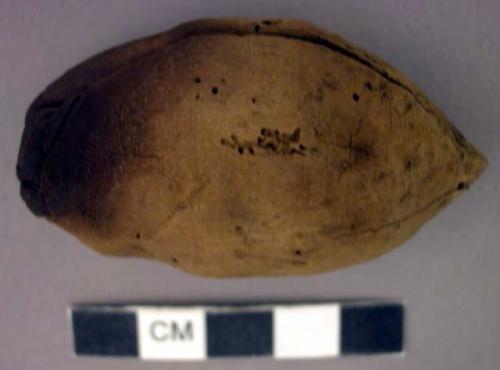 Nut-shaped carved wooden object; burned at one end