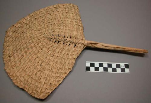 Fan, woven palm leaf, triangular blade, braided handle