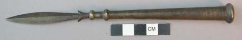 Spear head, small brass ovate point, cylindrical stem with socket end, painted