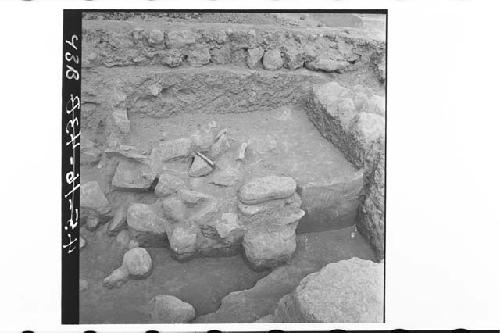 Panorama of detail of boulders inside fill of structure. From E, downward. Str.