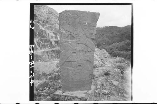 "Stela" ? (sic) in front of Structure back of large Ball court