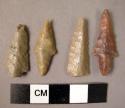 6 small flint shouldered points with triangular sections, pressure worked on all