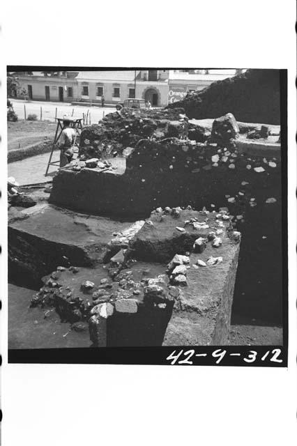 Slumped fill of shrine platform and construction over tomb