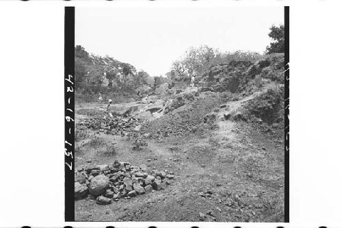 Looking east across north exterior of platform during excavation. Foreground was