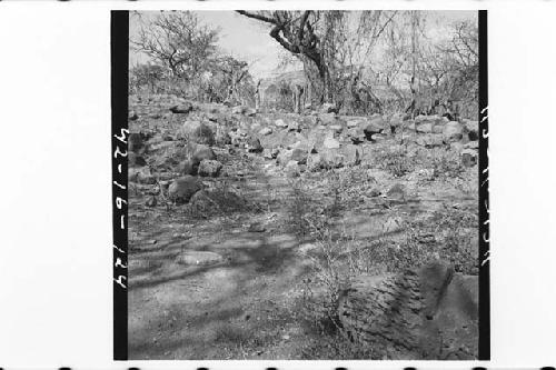 Excavation into south side of Mound 10, showing stone and adobe construction