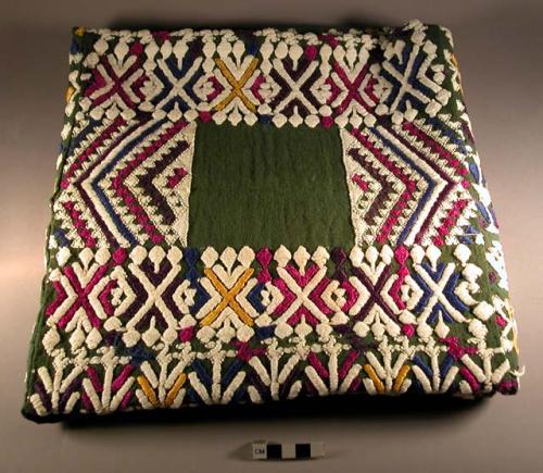 Huipil fabric, green, multicolored geom embrd c. central square, pieced