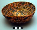 Painted gourd bowl - yellow ground with black line human figures & designs somet