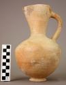 Pottery pitcher with long narrow neck & large pinch-mouth; solid rolled handle;