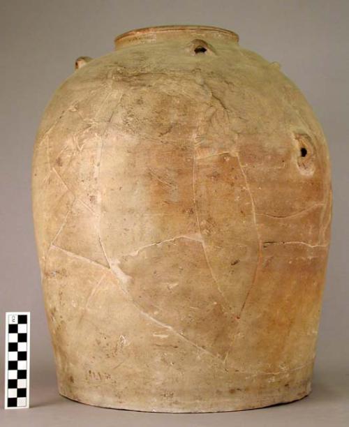 Large pottery jar - grey white ware; 4 hooked handles around shoulders of jar