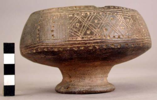 Maroon incised ware pedestal bowl - linear design around top