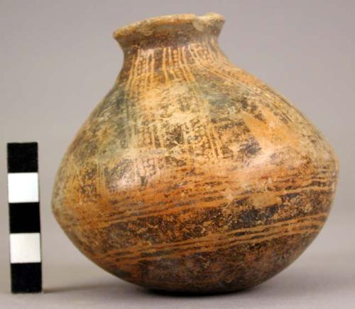 Pottery jar, red, black ornamentation extending to lower zone