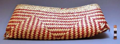 Baskets, fiber, palm leaf, red on tan chevron wv, concen squares, trapezoidal