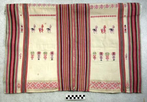 Tzute or small huipil. white with blue, yellow, red, purple, and green. 97 x 74