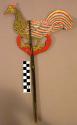 Shadow puppet, cut-out rooster figure, polychrome, tail tips bent, abraded