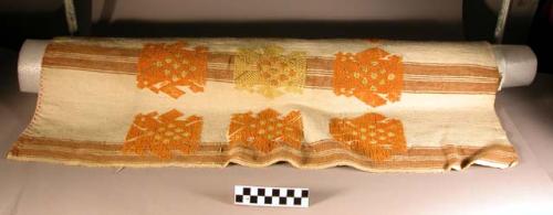 Tzute, or head handkerchief - white cloth with brown stripes & orange & yellow e