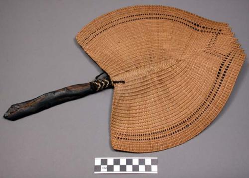 Plaited fan with wooden handle and human hair