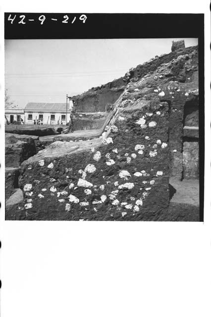 Mound B; West side; Str D. Basal step and lower terrace wall