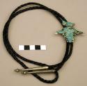 Bolo, silver, turquoise, thunderbird channel inlaid, silver cone terminals