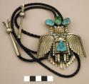 Bolo, silver bird katsina w/ outstretched wings & tail feathers, turq. inlay