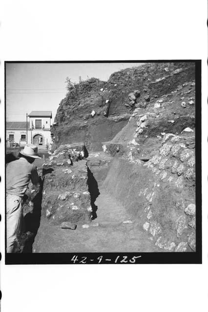 Benches along basal step s of stairway, Mound B; West side; Structure D