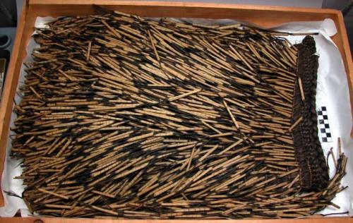 Skirt - sections of yellowish-brown reed attached to stitched fibre