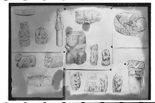 Tejeda's drawings of Tajumulco stone sculpture.