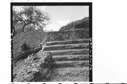 NE exterior corner of platform, showing N adobe and mortar and E (later period)