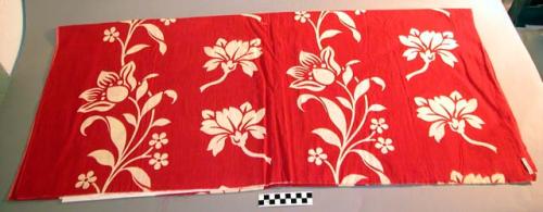 Pieces of red printed cloth (pareus - sarongs); 5' 8" x 3' 4"