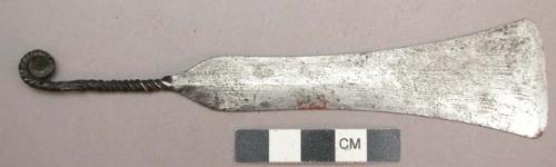 Metal knife; one flat blade; with a spiral-twisted handle, curled at the end