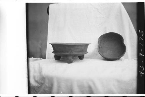 1- Tripod bowl - from Salcaja/ 2- Orange-brown bowl with pressed in sides.