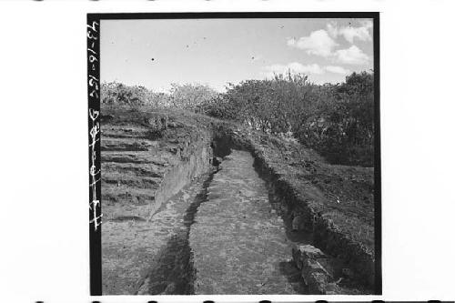 Panorama of northeast corner and NE steps inside plaza of platform.  From SE to