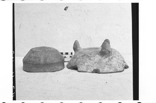 Two Pottery Bowls with Painted Design Rubbed Off