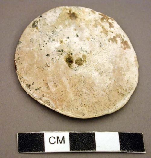 Shell disk with two pits on convex side. 5 cm. d.