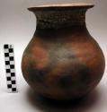 Pottery washing pot, reddish brown, white incised decorations, (kinyabiro)