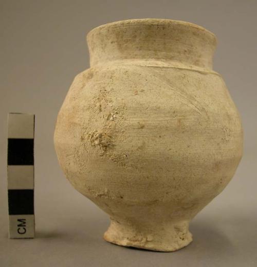 Pottery jar; small; pedestal base.