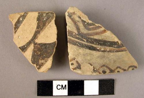 Ceramic body sherds, buff ware with brown painted geometric design