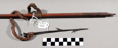 One harpoon of reed shaft and metal point with two barbs on each side
