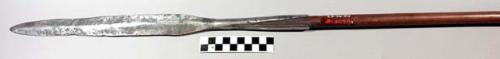 Spear, long pointed blade, rolled stem, wood shaft, rolled conical metal end